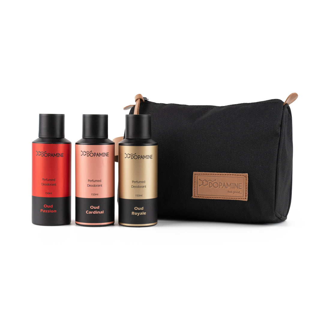 Three Oud deodorants with black bag