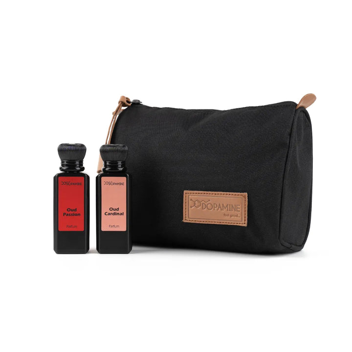 Dopamine Oud Combo perfumes with black travel pouch