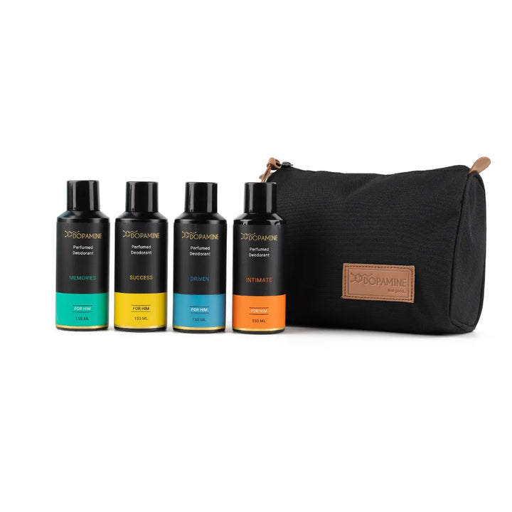 Four Dopamine deodorants with branded grooming bag