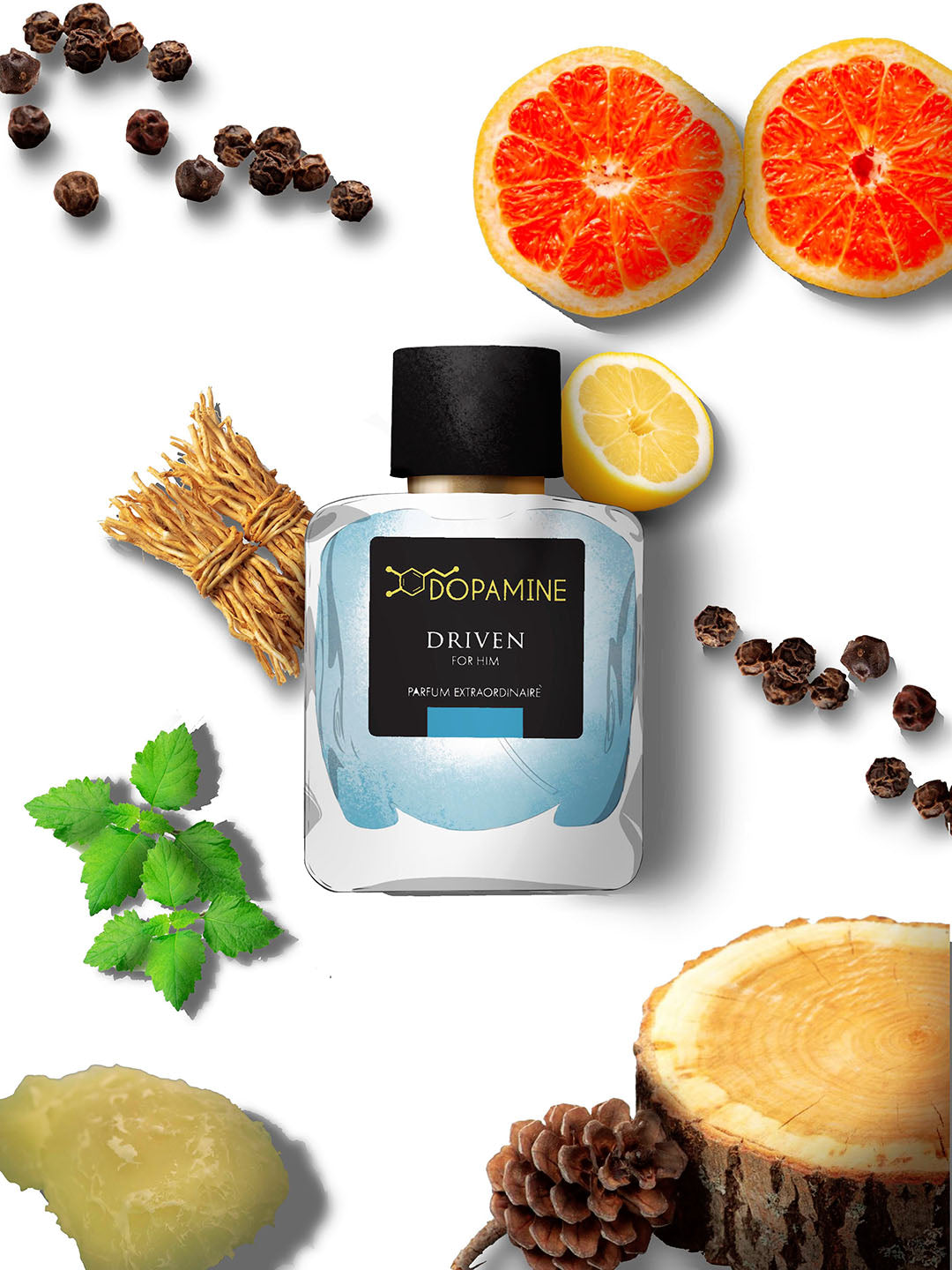 Image of Driven Perfume Bottle for Men surrounded by the ingredients from which the aroma is blended