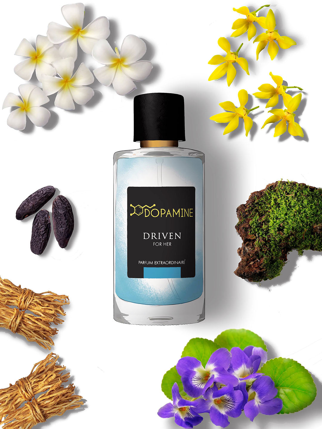 Graphically modified bottle of Dopamine Driven Perfume for women surrounded by the ingredients from which the fragrance blend is made