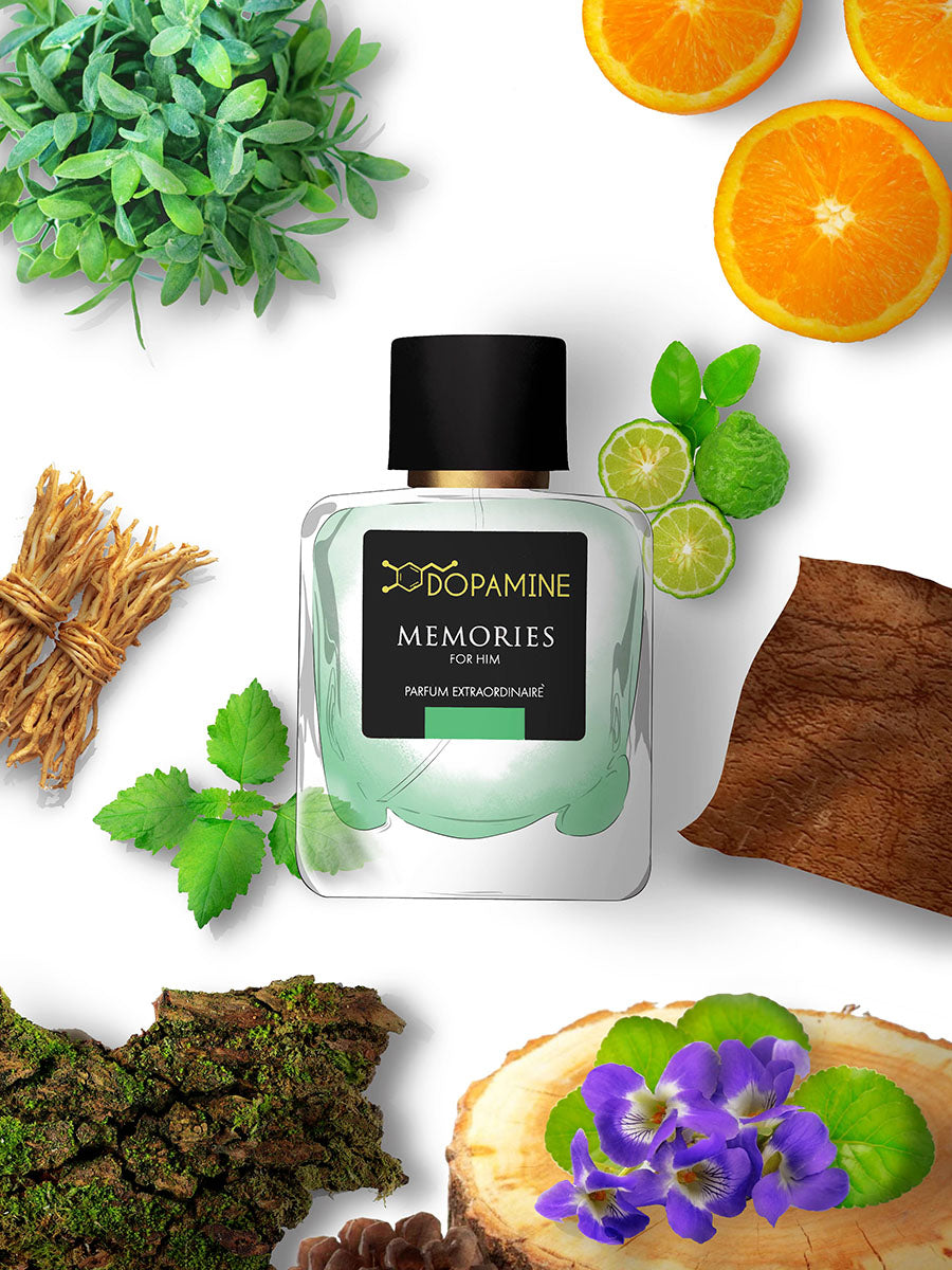 Bottle of Memories for Men perfume surrounded by ingredients that form the aroma of the perfume