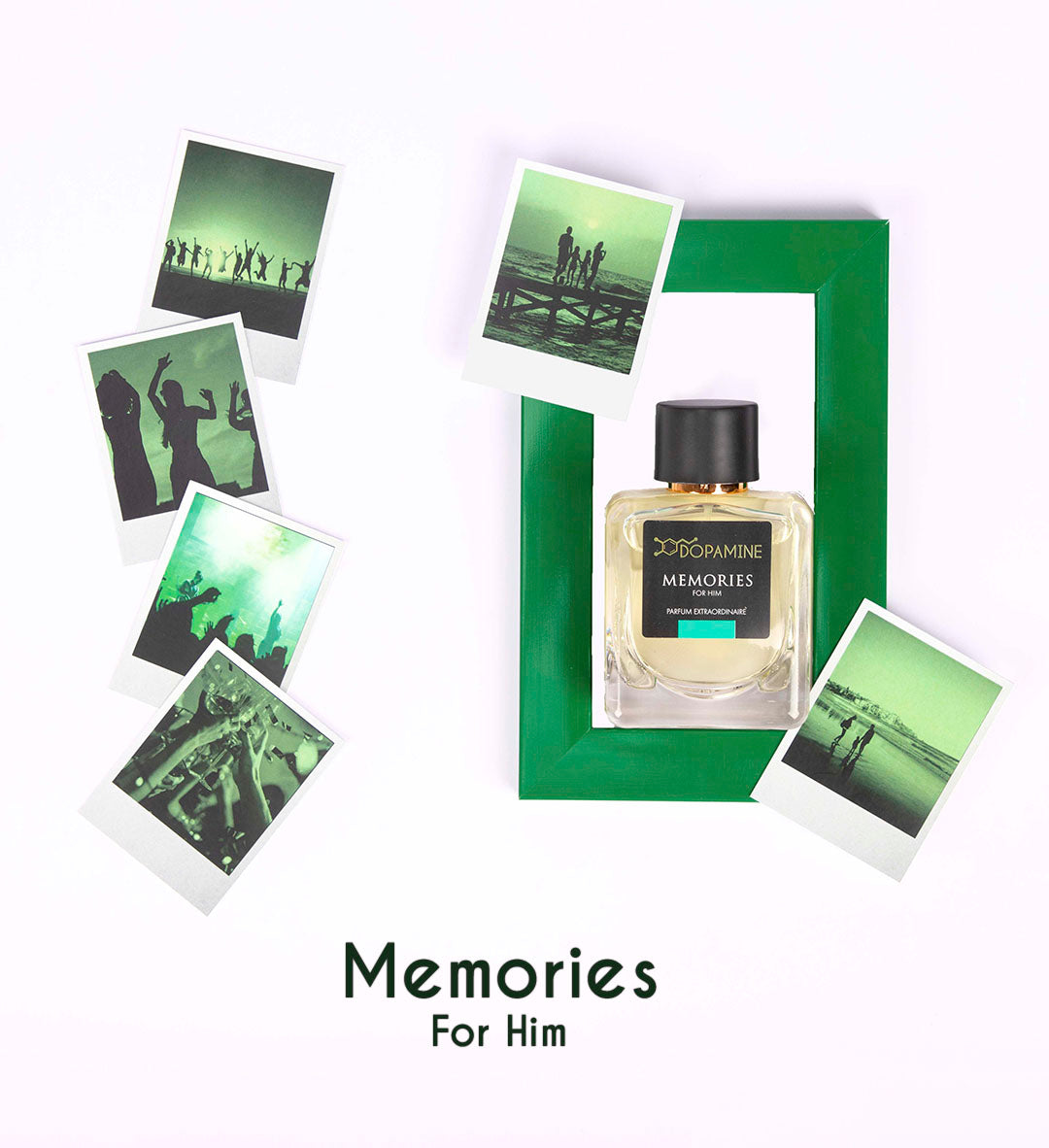 Bottle of Memories For Men perfume put inside a photo frame. The bottle is surrounded by polaroid snaps containing images social outings