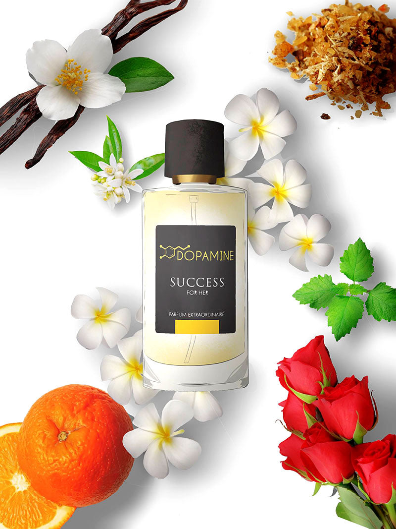 Graphically modified version of Dopamine Success Perfume for women surrounded by the ingredients blended to make the fragrance