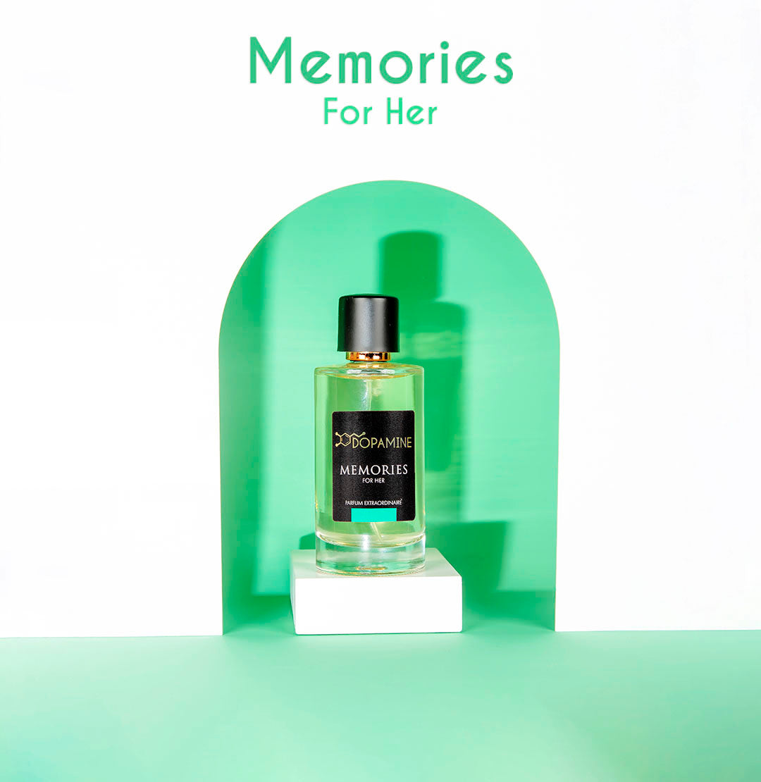 A bottle of Dopamine Memories Perfume for women standing on a white base against an arched frame of white and green color